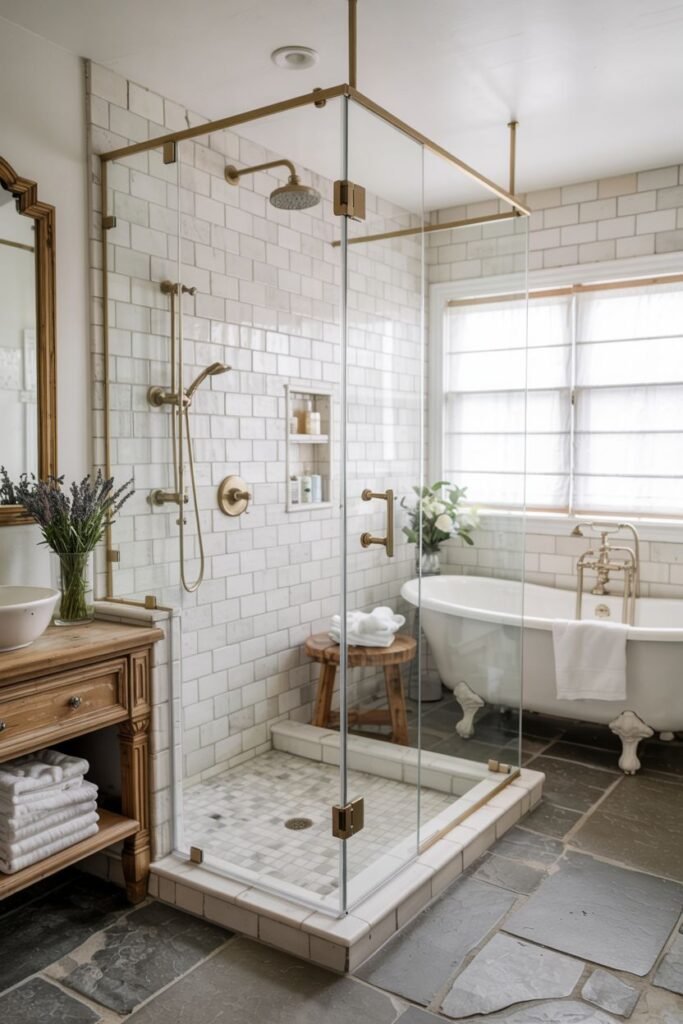 An elegant farmhouse shower featuring white subway tile and hexagon floor inside a glass enclosure with a brass frame, contrasted by the dark stone floor of the bathroom.