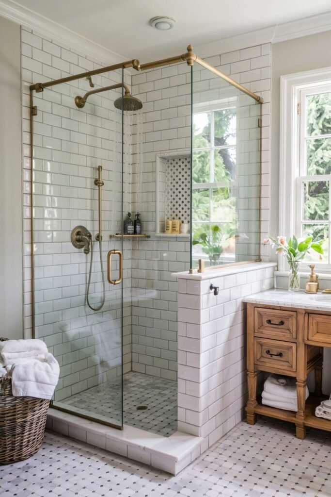 A spacious elegant farmhouse shower with white subway tile walls, a hexagon floor with dark accents, brass fixtures, and a window, creating a bright bathroom space.