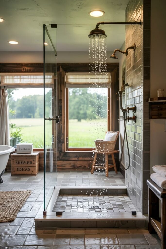 A farmhouse bathroom shower with grey rectangular wall tiles, a hexagon floor, dark metal fixtures, and significant wood window trim providing views, creating an elegant look.