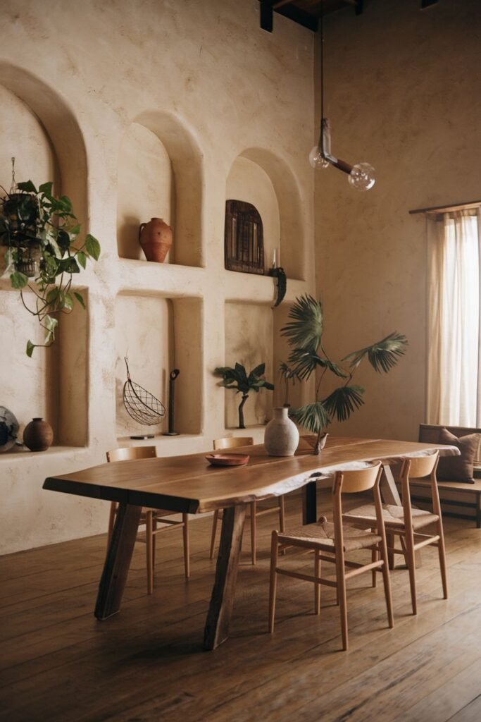 An elegant dining space with a large, live-edge wooden table and minimalist chairs, set against a textured wabi sabi wall with arched niches and simple decor.