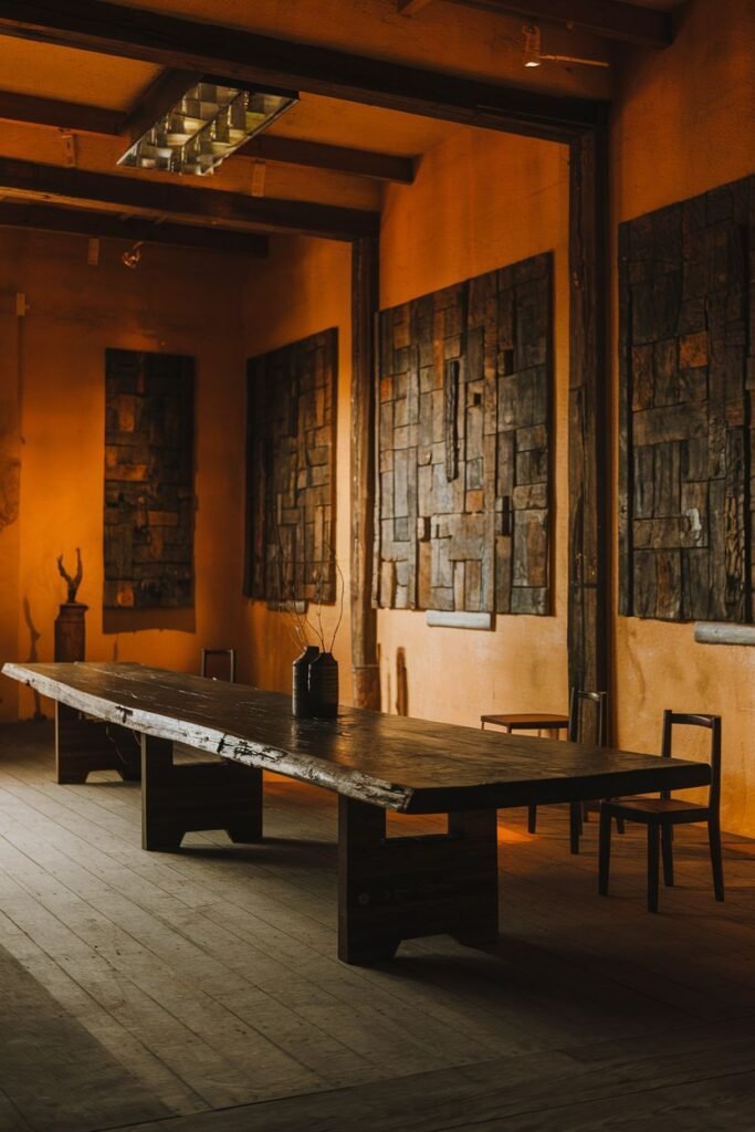 A long, dark wooden table with thick legs dominates an elegant room with textured wall art and minimalist chairs, exuding a wabi sabi character.