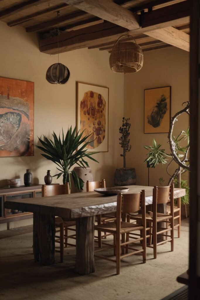 An elegant dining area featuring a substantial wooden table and minimalist woven-seat chairs, adorned with abstract art and plants, embodying a wabi sabi and simple style.