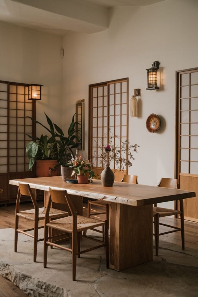 An elegant dining room with a live-edge wooden table and minimalist chairs, set on a combination of stone and wood flooring with shoji screens and wabi sabi accents.