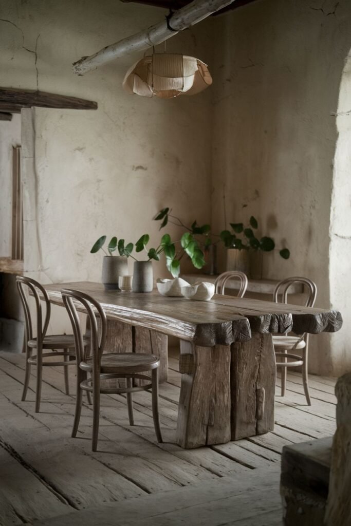 An elegant dining space featuring a thick, live-edge wooden table and bentwood chairs on a wooden floor, with minimalist decor and a wabi sabi textured wall.