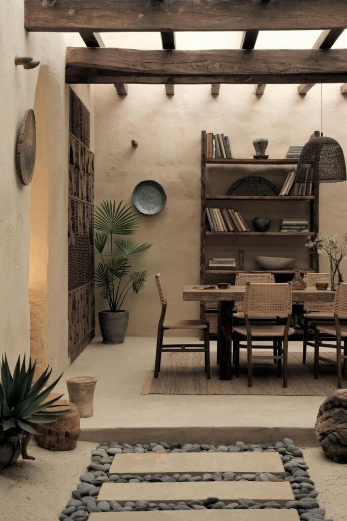 An elegant outdoor or semi-outdoor dining area with a wooden table and woven-seat chairs on a stone and sand floor with stepping stones, featuring a bookshelf and wabi sabi inspired decor, maintaining a minimalist feel.