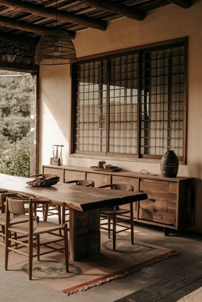 An elegant dining setting with a large wooden table and woven-seat chairs, situated by a large window with grid panes and minimalist wabi sabi furniture.