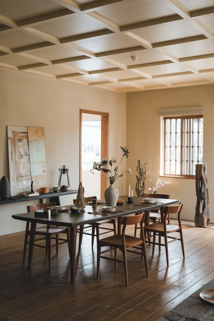 An elegant dining room with a dark wooden table and minimalist wooden chairs, featuring a coffered ceiling and wabi sabi elements like pottery and dried branches.