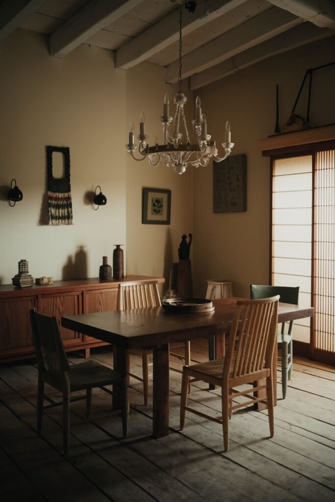 An elegant dining area with a square wooden table and varied minimalist chairs, lit by a chandelier, incorporating shoji screens and wabi sabi decorative items.