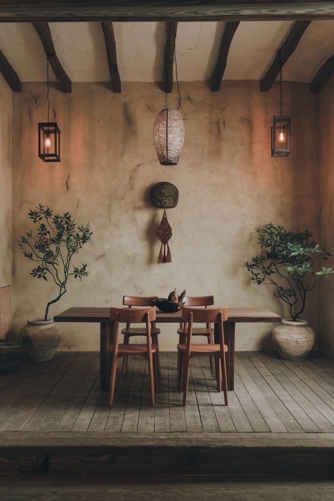 An elegant outdoor or covered patio dining area with a wooden table and minimalist wooden chairs, illuminated by hanging lanterns, featuring textured walls and large potted plants, reflecting a wabi sabi aesthetic.