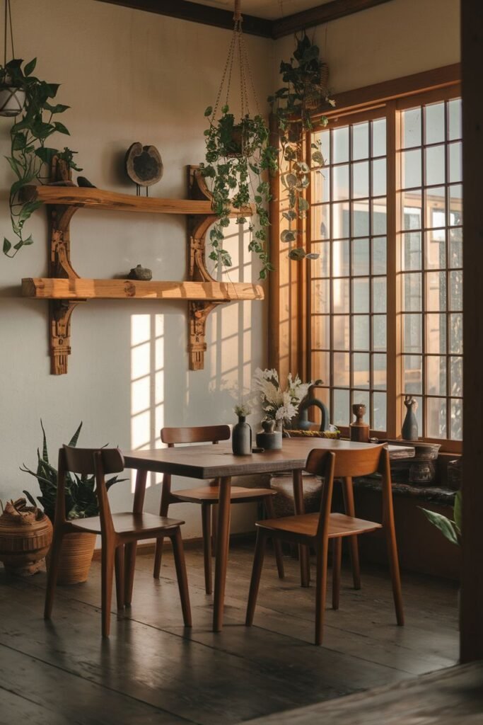 An elegant and minimalist dining nook with a square wooden table and chairs, set by a large window with grid panes, featuring hanging plants and simple wabi sabi decor.