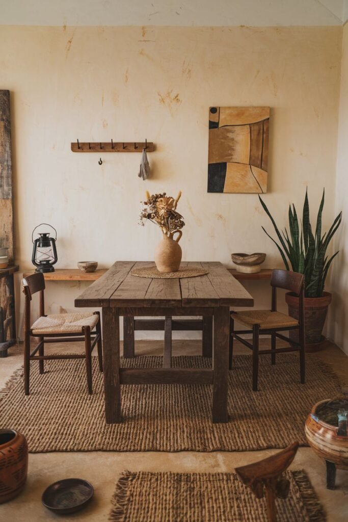 A minimalist dining area showcasing a sturdy wooden table and chairs with woven seats on a jute rug, embodying a wabi sabi style with dried flowers and a lantern, creating an elegant atmosphere.