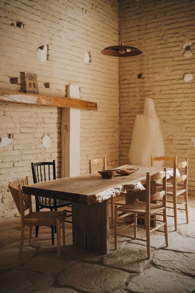 An elegant dining area with a large, rustic live-edge table and a mix of woven-seat and wooden chairs, located in a room with wabi sabi exposed brick walls and stone flooring.