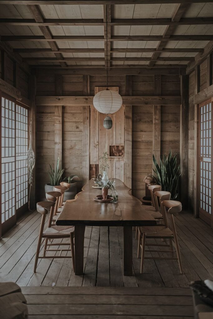 An elegant dining room with a long wooden table and woven-seat chairs, enclosed by wooden walls and shoji screens, with plants and a paper lantern contributing to a wabi sabi and minimalist atmosphere.