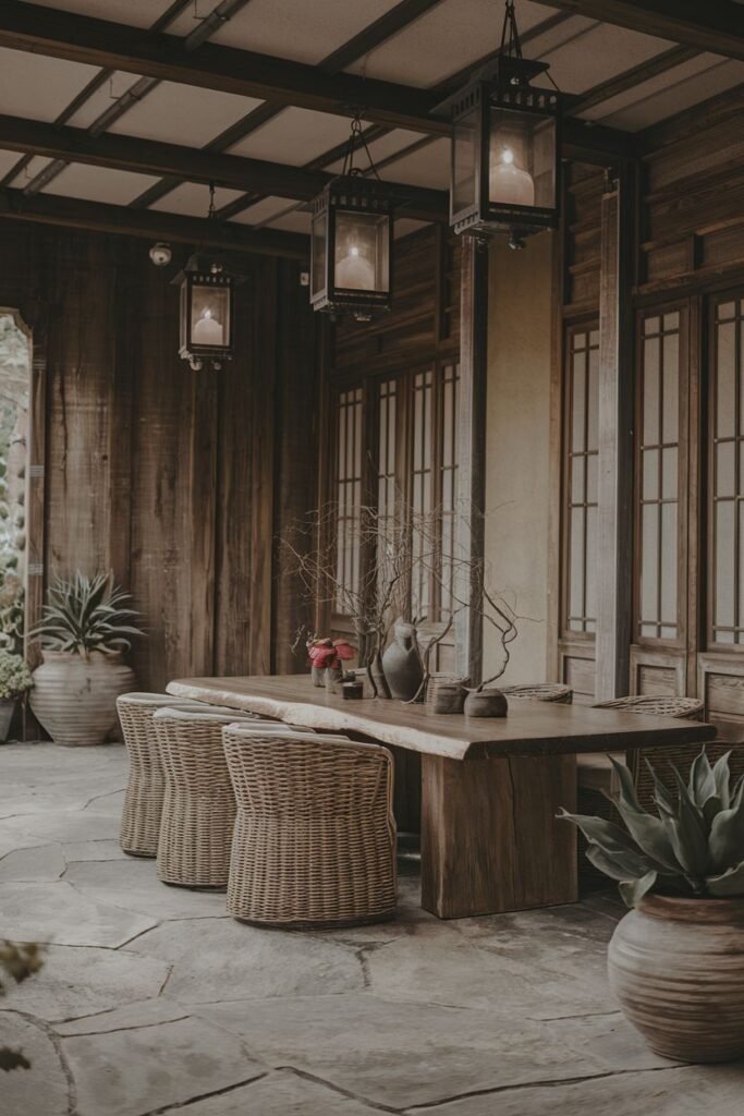 An elegant covered patio or outdoor dining space featuring a long wooden table and woven chairs on a stone floor, with wabi sabi elements like lanterns and large potted plants.