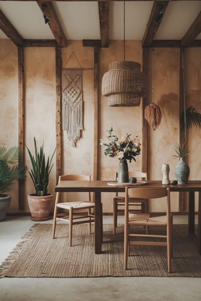 An elegant and minimalist dining area with a wooden table and woven-seat chairs on a jute rug, decorated with a macrame hanging and wabi sabi pottery and plants.