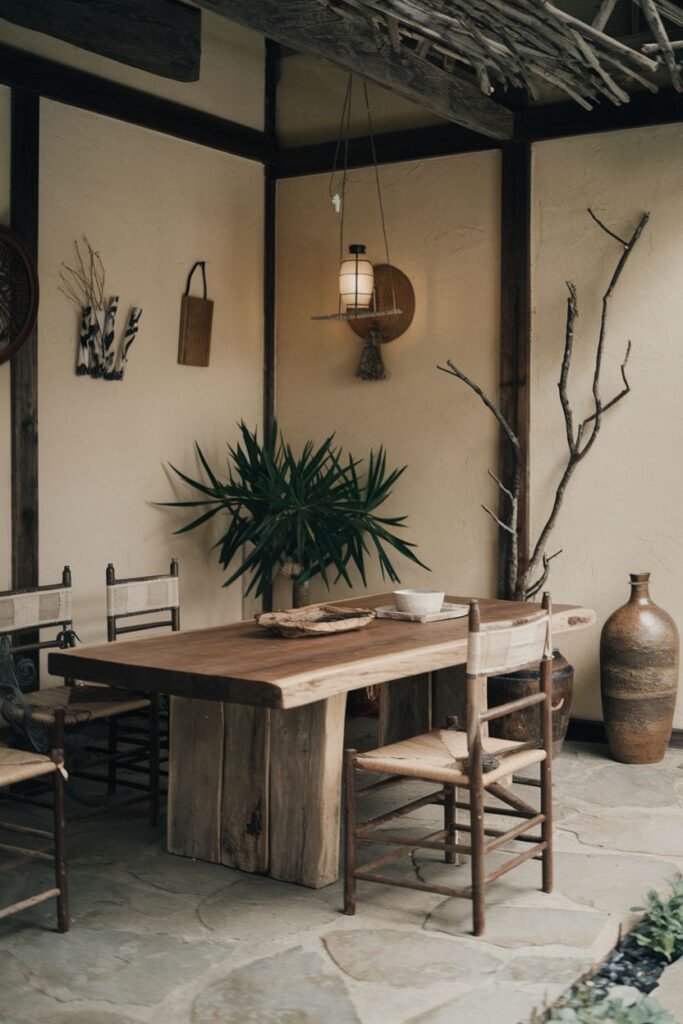 An elegant outdoor dining space with a rustic wooden table and woven-seat chairs on a stone patio, featuring a branch sculpture and wabi sabi inspired pottery and simple decor.