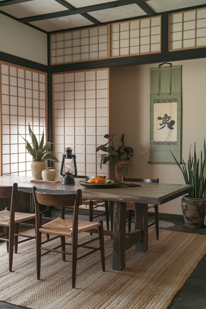 An elegant dining area with a wooden table and woven-seat chairs on a jute rug, set against shoji screens with plants and a hanging scroll, embodying a wabi sabi and minimalist design.