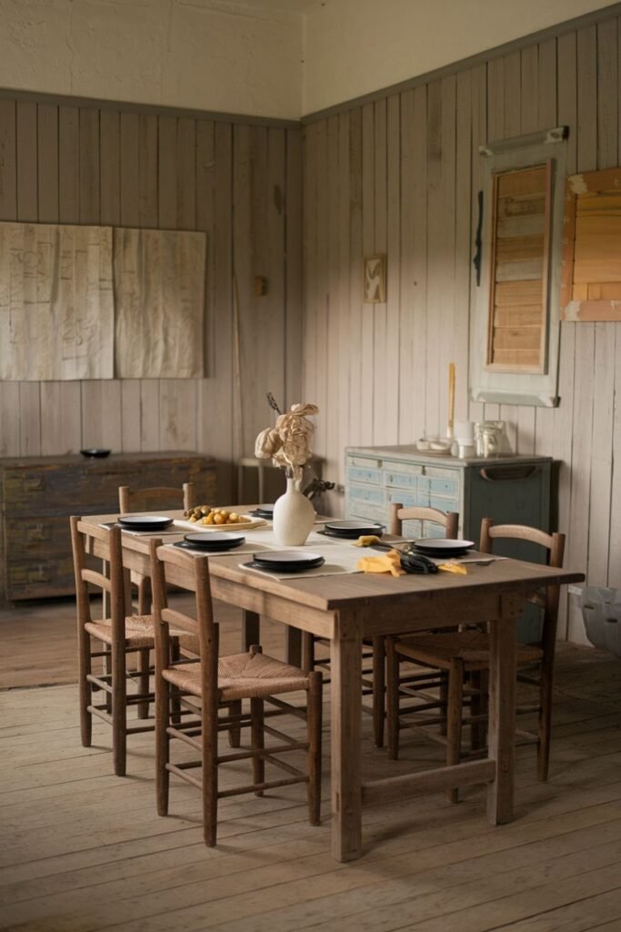 An elegant and minimalist dining room with a simple wooden table and woven-seat chairs, set on a wooden floor with rustic furniture and wabi sabi decorative items.