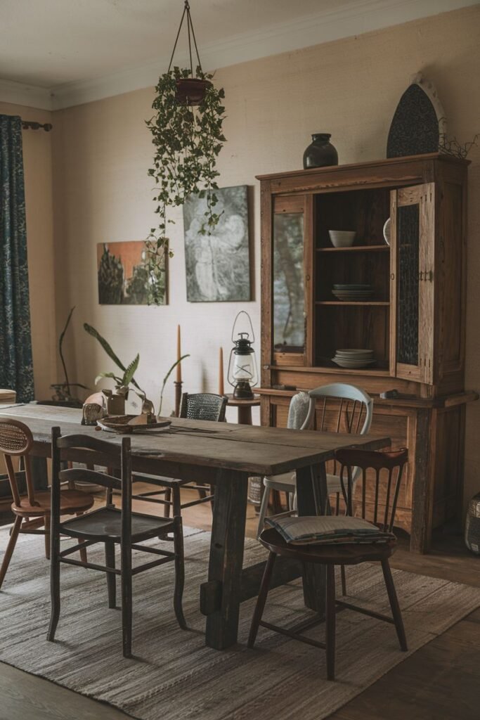 An elegant dining area with a wooden table and a mix of chairs on a rug, featuring a wooden cabinet and various decorative objects, reflecting a wabi sabi aesthetic with minimalist touches.