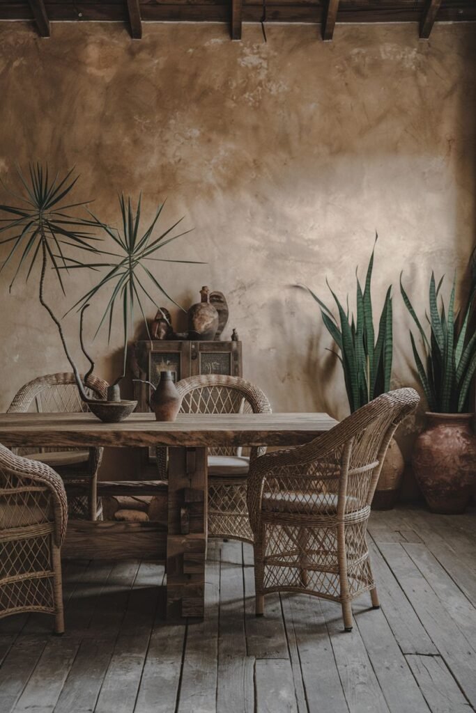 An elegant dining space centered around a rustic wooden table with woven chairs, set on a wooden floor against a textured wabi sabi wall, with large plants adding to the minimalist feel.