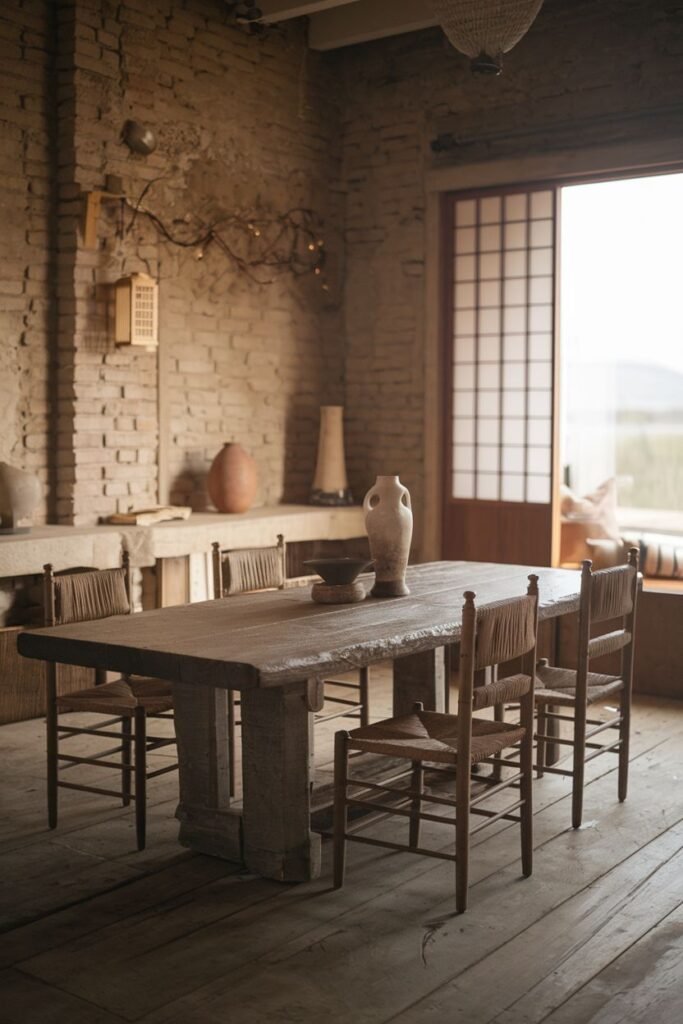 An elegant and minimalist dining setting with a rustic wooden table and chairs with woven seats, situated in a room with a wabi sabi brick wall and a large window with grid panes.