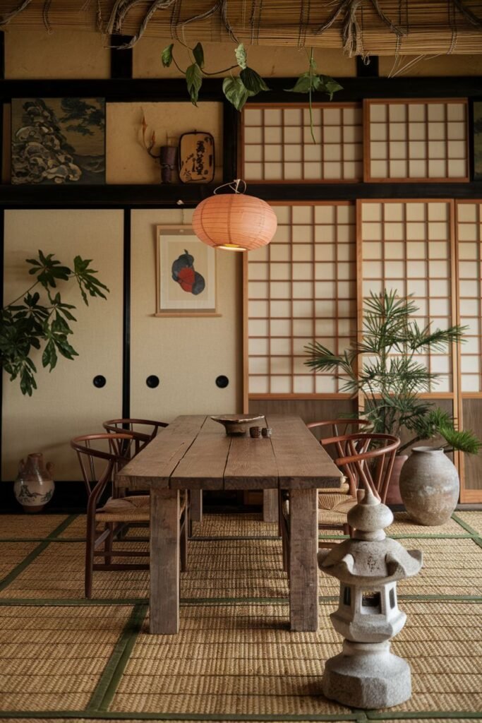 A Wabi Sabi inspired dining room featuring a rustic wooden table, simple chairs, tatami flooring, and shoji screens, evoking an elegant and minimalist aesthetic.