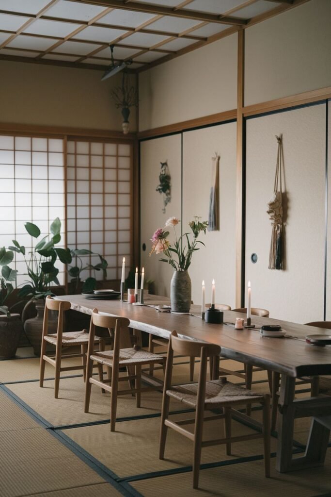 An elegant dining room with a long live-edge table lit by candles, featuring minimalist chairs and shoji screens, conveying a serene wabi sabi ambiance.