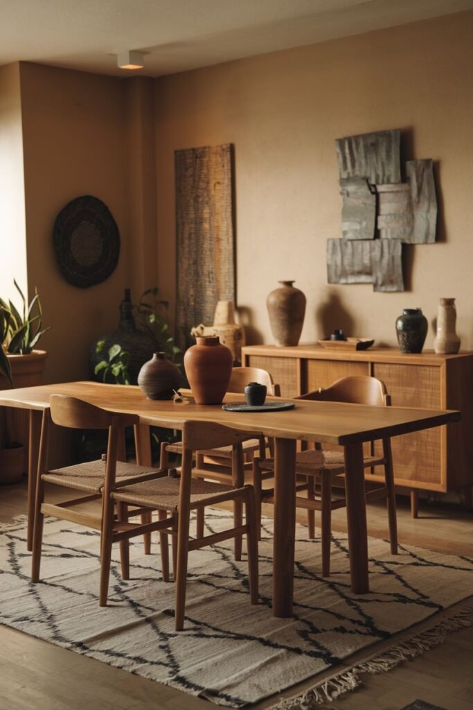 A minimalist dining area featuring a simple wooden table and woven-seat chairs on a patterned rug, accessorized with wabi sabi pottery and wall art, presenting an elegant look.