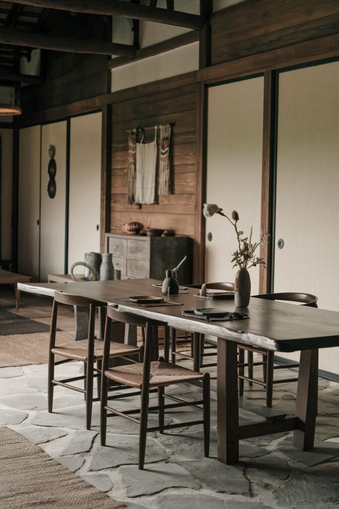 An elegant dining room with a long wooden table and woven-seat chairs on a stone floor, featuring shoji screen doors and wabi sabi decor, showcasing a minimalist design.