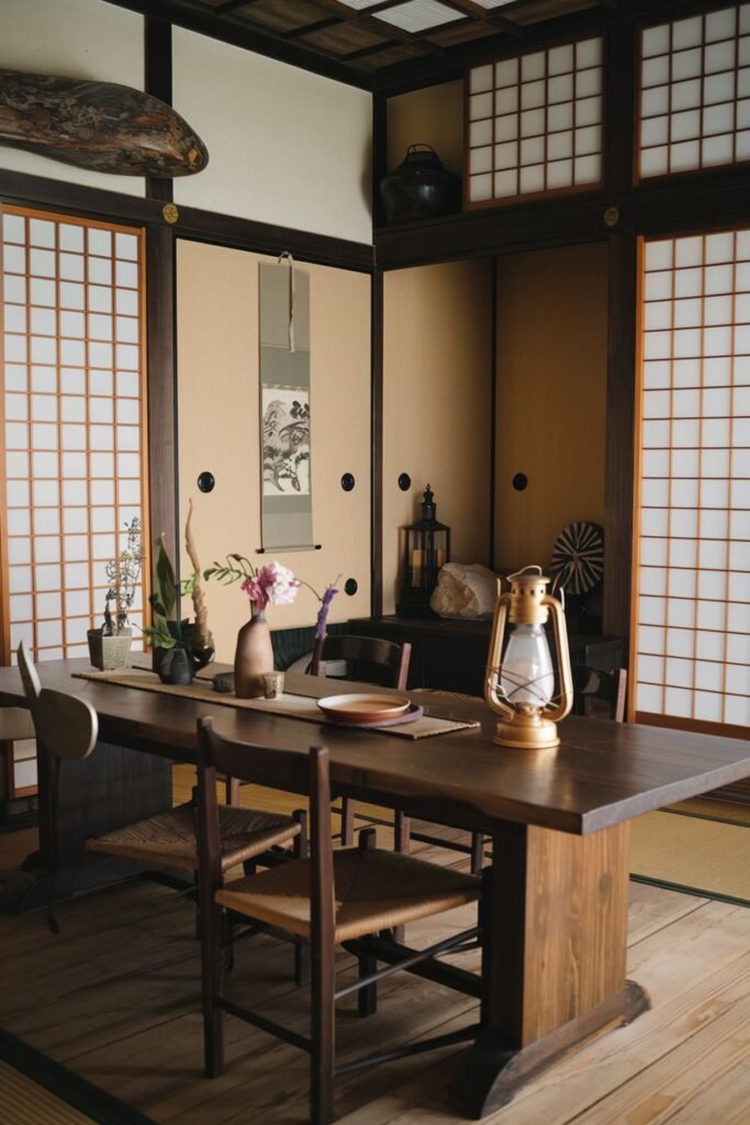 An elegant dining space with a dark wooden table and minimalist woven-seat chairs, set in a room with shoji screens and a hanging scroll, reflecting a wabi sabi aesthetic.