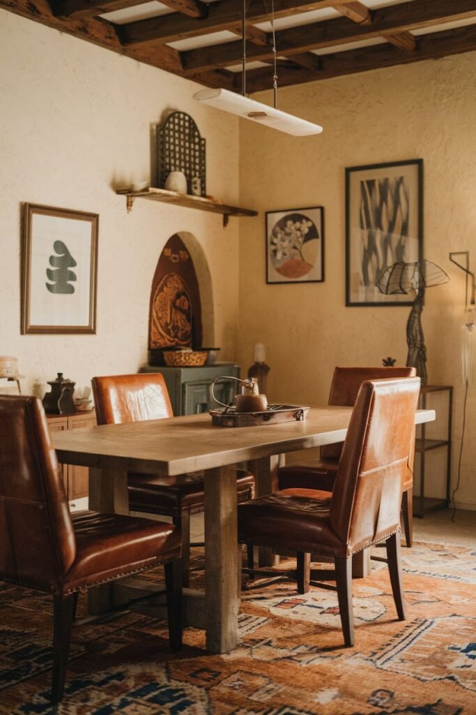 A dining area with a rustic wooden table and elegant leather chairs on an patterned rug, featuring arched niches and artwork, demonstrating a wabi sabi influence and minimalist elements.