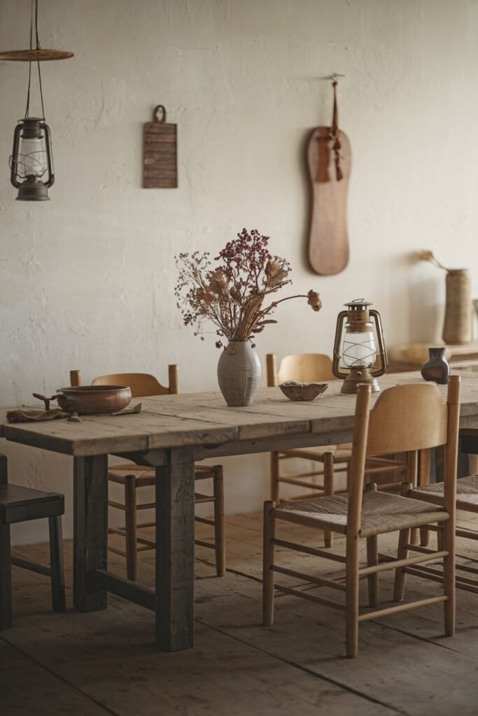 An elegant and minimalist dining scene centered around a rustic wooden table with woven-seat chairs, decorated with dried flowers and lanterns, capturing a wabi sabi feel.