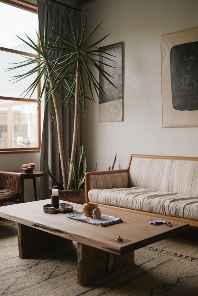 An elegant and wabi sabi living space with a wooden framed sofa, a large natural wood coffee table, a tall potted plant, abstract wall art, and a rug on a wooden floor.