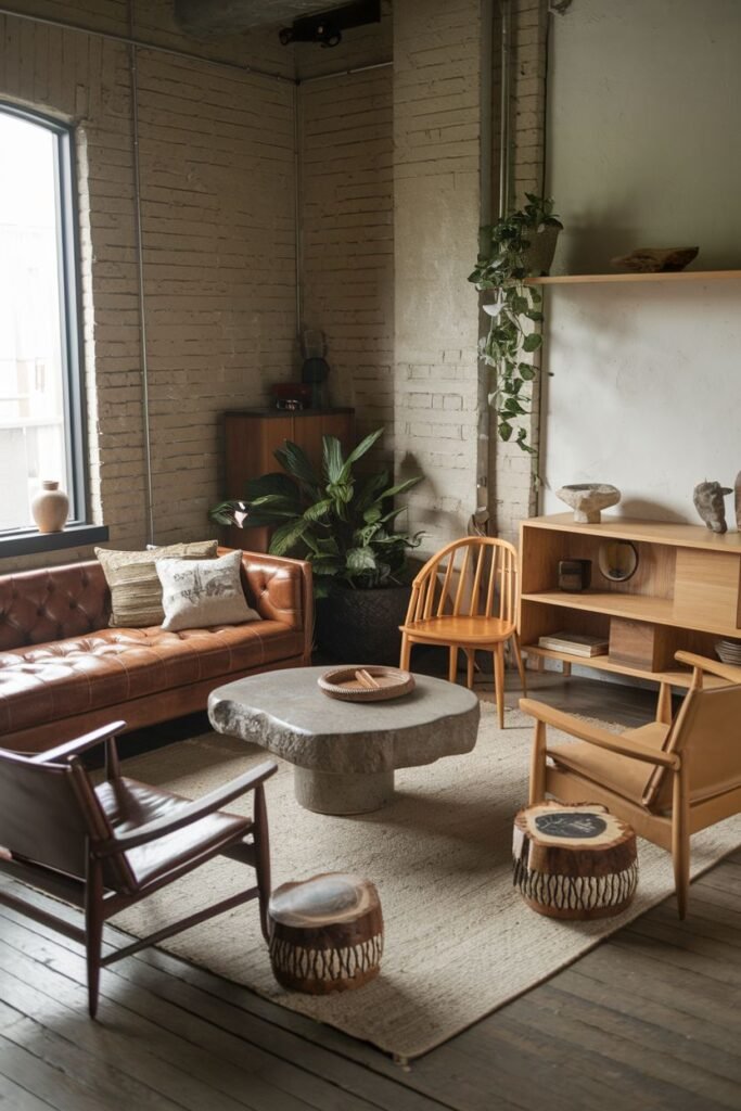 An elegant and wabi sabi living room with a brown leather sofa, armchairs, a large round stone coffee table, wooden stools, potted plants, and exposed brick and concrete walls.