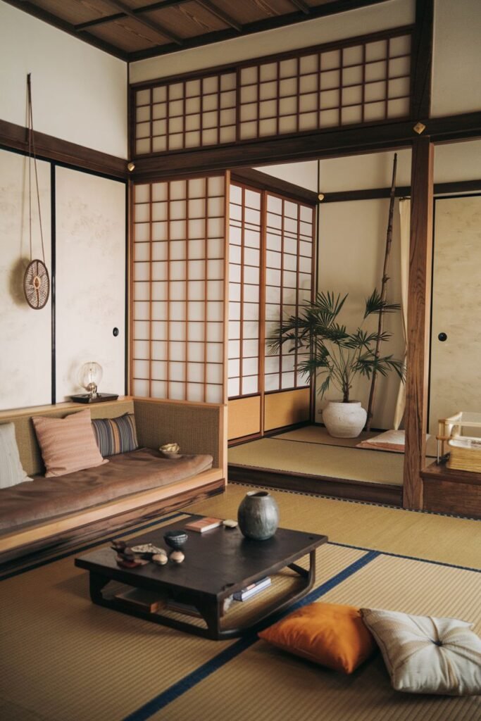 An elegant and wabi sabi room with a low sofa, a dark low coffee table on tatami mats, floor cushions, a potted plant, and traditional Japanese-style sliding screens and grid windows.