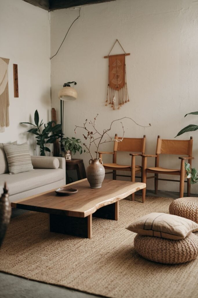 An elegant and wabi sabi living area with a sofa, leather chairs, a large natural edge wooden coffee table, poufs on a rug, and textile wall art.