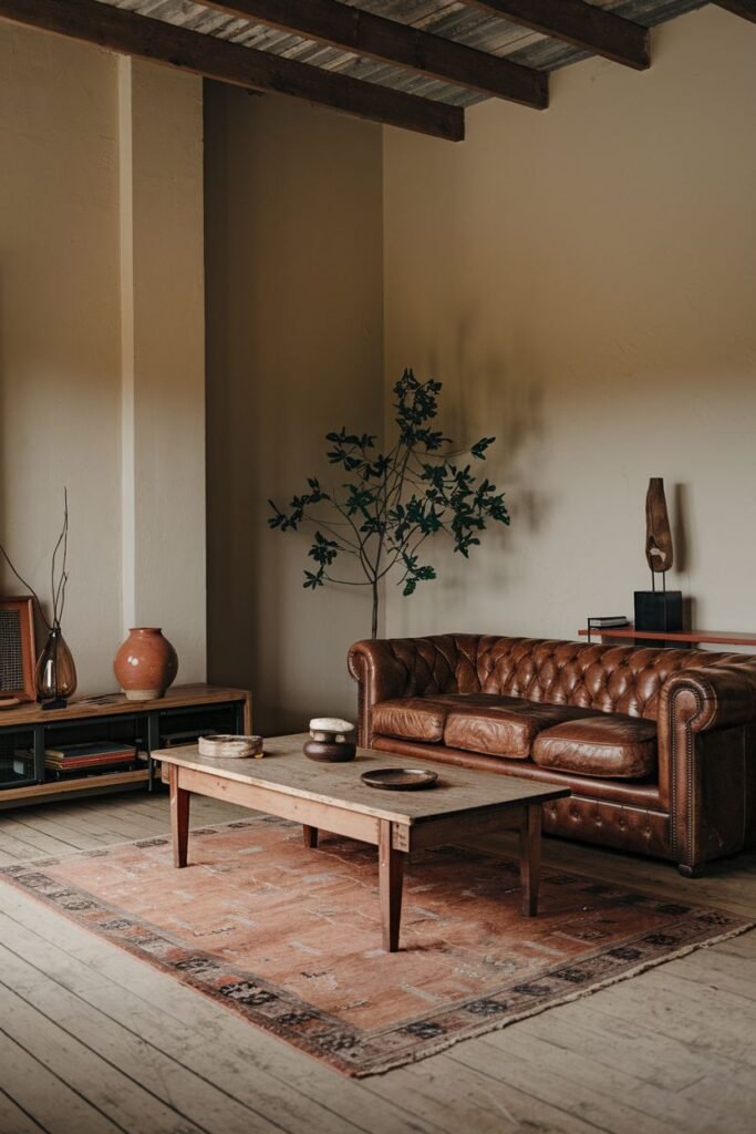 An elegant and wabi sabi living room featuring a brown tufted leather Chesterfield sofa, a rustic wooden coffee table, a patterned rug, wooden shelving, and potted plants under a corrugated metal ceiling.