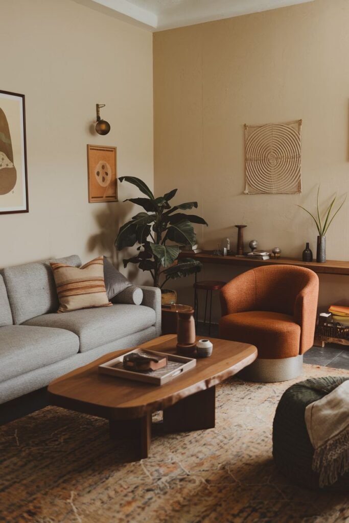An elegant and wabi sabi living room with a grey sofa, an orange armchair, a wooden coffee table, a patterned rug, textile wall art, and potted plants.