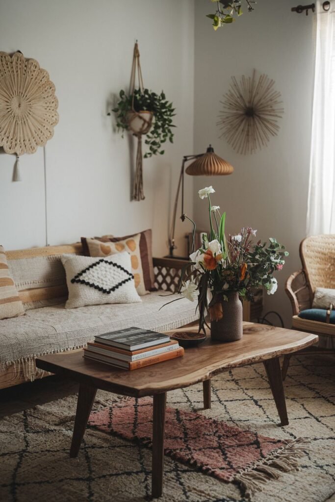 An elegant and wabi sabi living space with a sofa covered in textiles, a natural edge wooden coffee table with books and a vase of flowers, wall hangings, and a patterned rug.