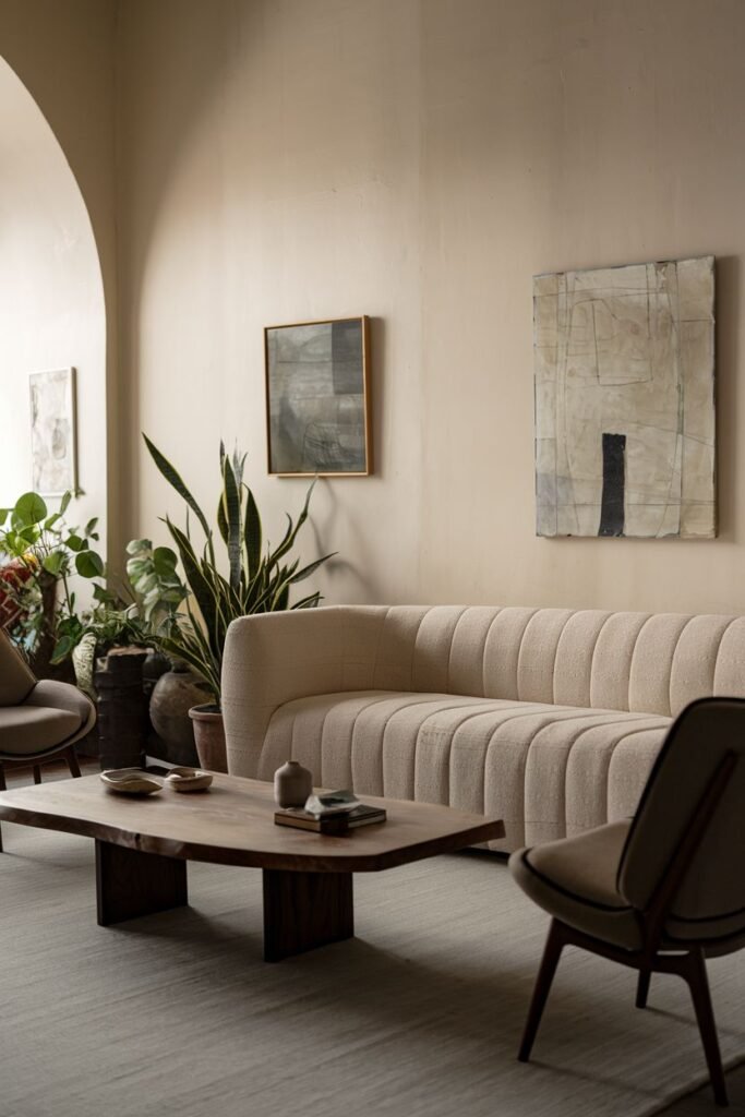 An elegant living room with a curved beige sofa, armchairs, a natural edge wooden coffee table, abstract art on the wall, and potted plants, featuring an elegant wabi sabi aesthetic with a large archway.