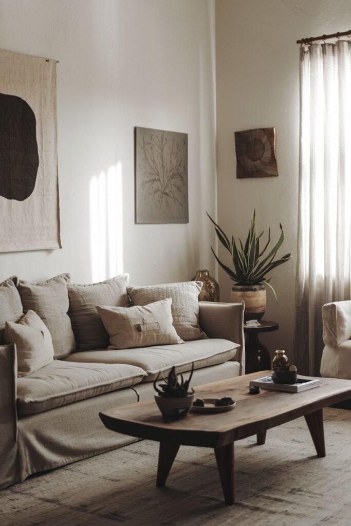 An elegant and wabi sabi living area with a slipcovered sofa, a wooden coffee table with small plants, a rug, textile wall art, and large windows with sheer curtains.