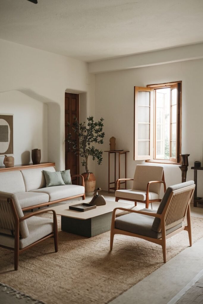 An elegant and wabi sabi living room with a sofa, wooden framed armchairs, a square coffee table, a rug, and a small window allowing natural light, showcasing a simple and serene style.
