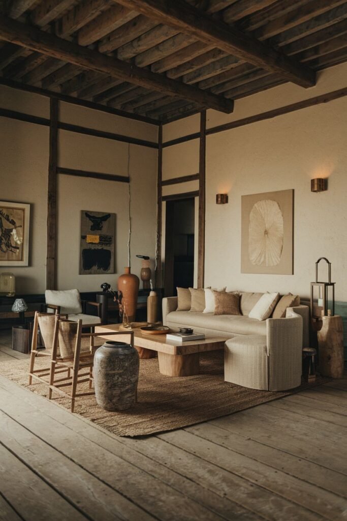 An elegant and wabi sabi living room with a sofa, a wooden coffee table, various vases and decorative objects, wall art, and exposed wooden beams, creating a warm, textured space.