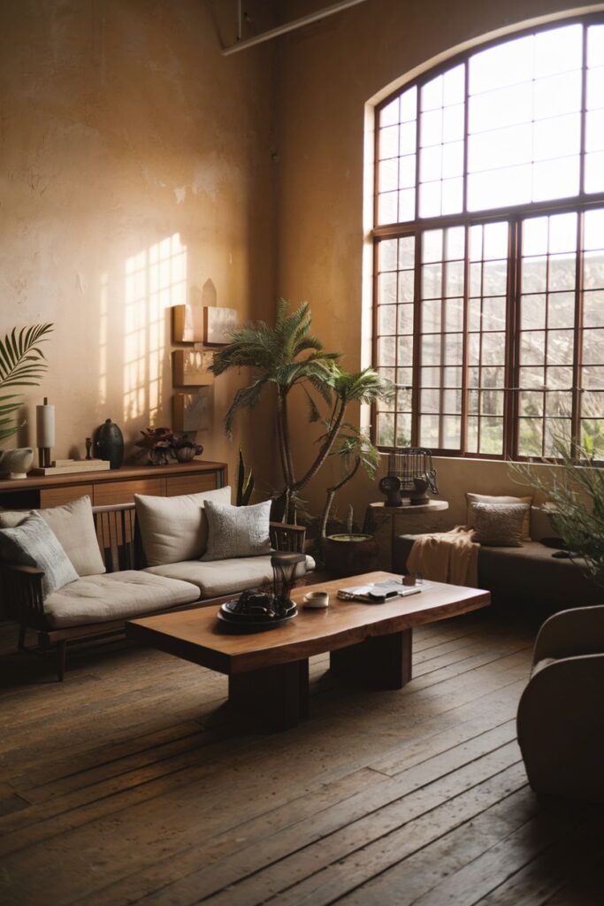 An elegant and wabi sabi large living area with a sofa, wooden furniture, potted plants, a large wooden coffee table, and a prominent large window, with warm light streaming in.