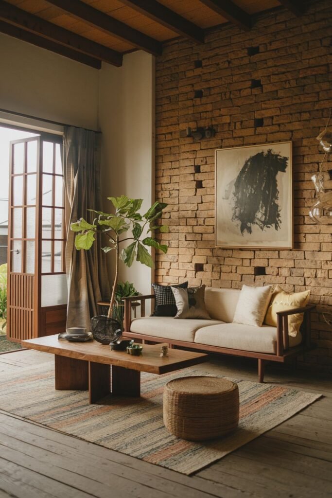 An elegant and wabi sabi living room with a sofa, a wooden coffee table, a round ottoman, a large potted plant, art on a brick wall, and a double door opening to the outside.