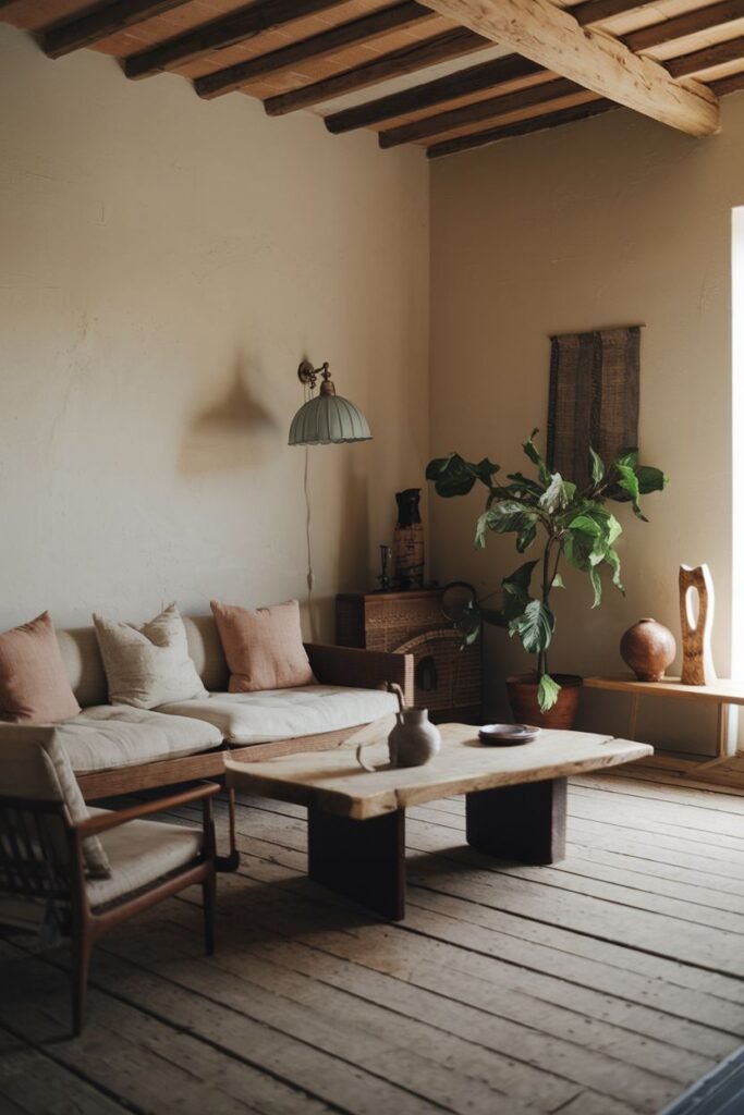 An elegant and wabi sabi living area with a sofa, an armchair, a natural edge wooden coffee table, a potted plant, and decorative objects under exposed wooden beams, featuring a textured wall.