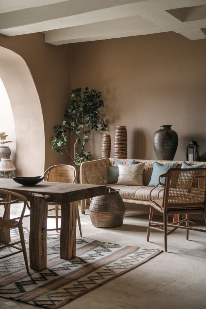 An elegant and wabi sabi dining or seating area with a wooden table and chairs, a bench with cushions and rattan details, large vases, a woven basket, and a patterned rug, set against an arched wall.