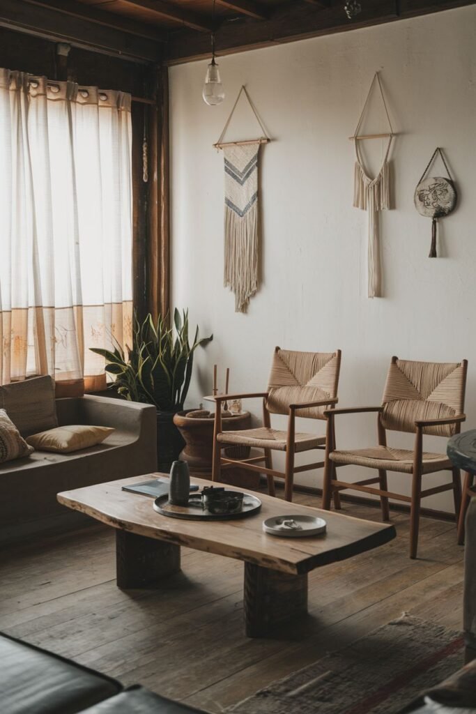 An elegant and wabi sabi living area with a sofa, rattan armchairs, a natural edge wooden coffee table, textile wall hangings, a potted plant, and layered rugs on a wooden floor.