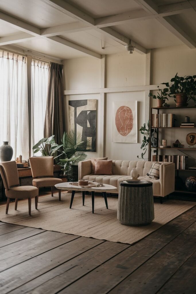 An elegant living room in a wabi sabi style featuring a beige sofa, two upholstered chairs, a concrete coffee table, a large rug, a tall bookshelf, and several potted plants under exposed beam ceilings.