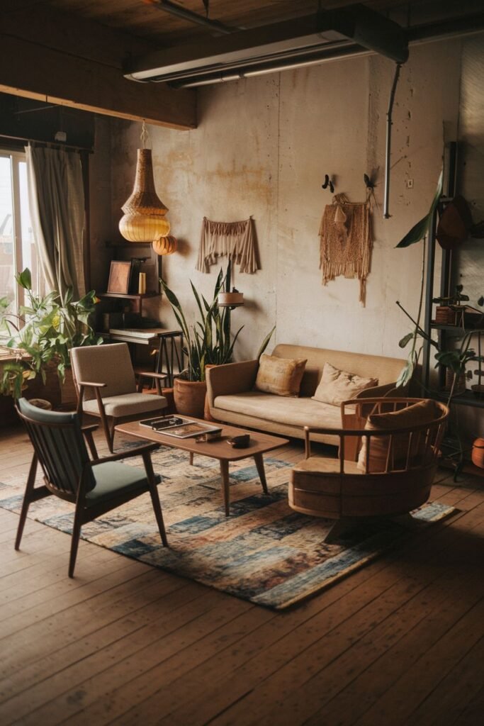 An elegant and wabi sabi living room with a sofa, armchairs, a wooden coffee table, a rug, wall hangings, potted plants, and a woven pendant light hanging from the ceiling.